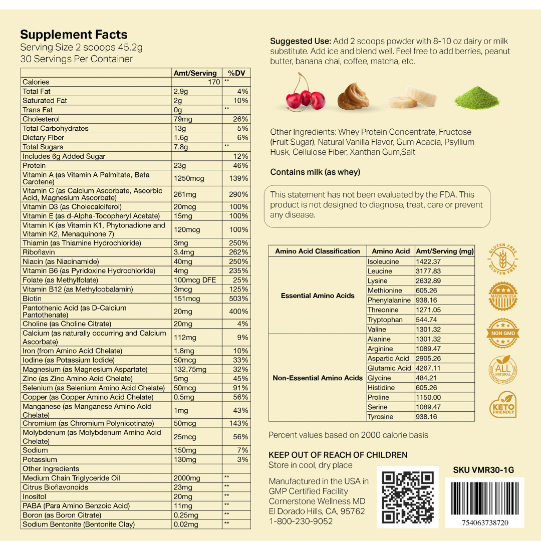 Cornerstone Wellness MD Vanilla Shake Supplement Facts and Ingredients